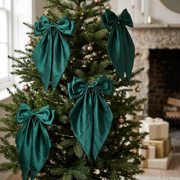 Thiccywoov 12 Pcs Satin Bow for Christmas Tree, Dark Green Long Tail Bows