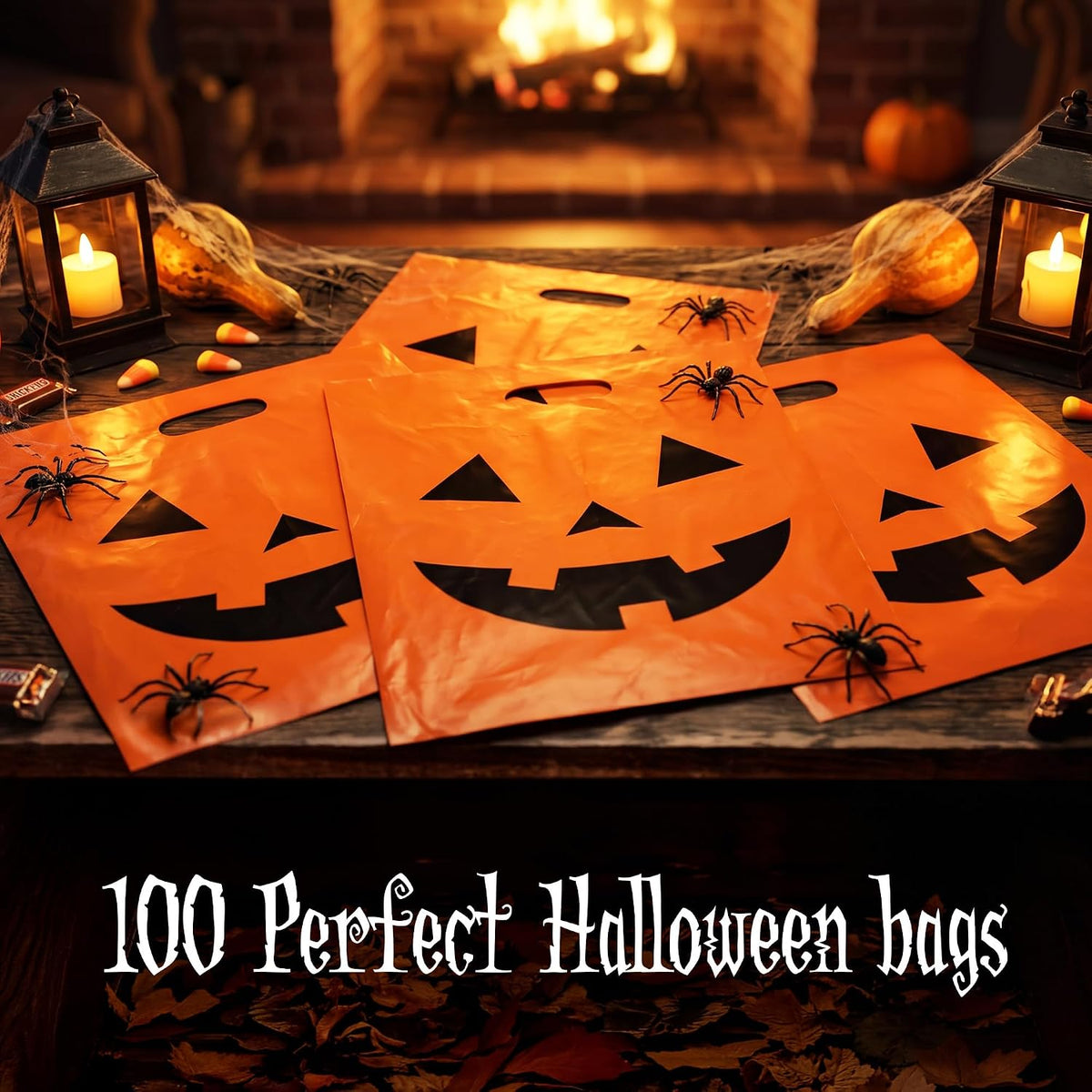 Choice Marts 100 Halloween Candy Bags Bulk 12x15 Treat Bags with Handles