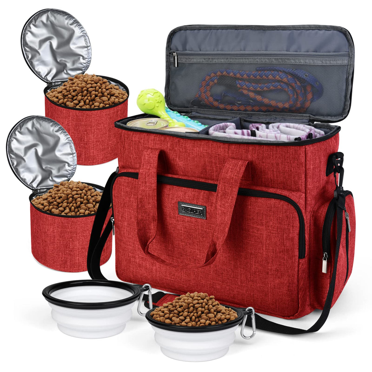 BAGLHER Pet Travel Set Airline-Approved Carrier for Small/Medium Cats & Dogs + Travel Bag with Food Containers & Silicone Bowls, Grey & Green