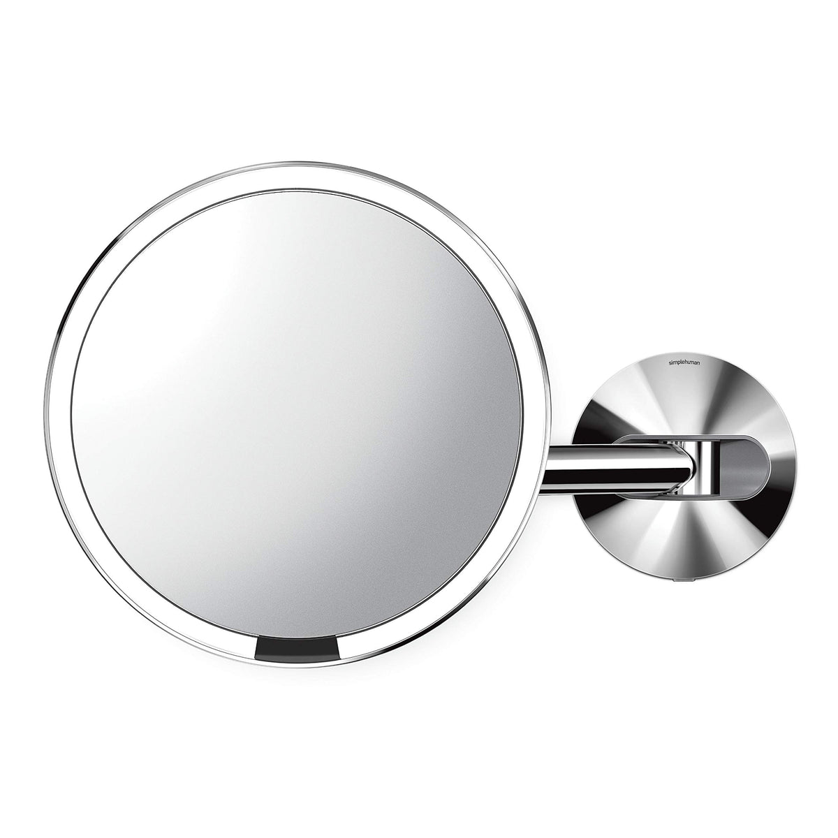 simplehuman Sensor Mirror, Wall Mount Makeup Mirror with Light, 8" Round Lighted with Magnification (5X), Hard Wired, Swing Arm, Brass Stainless Steel