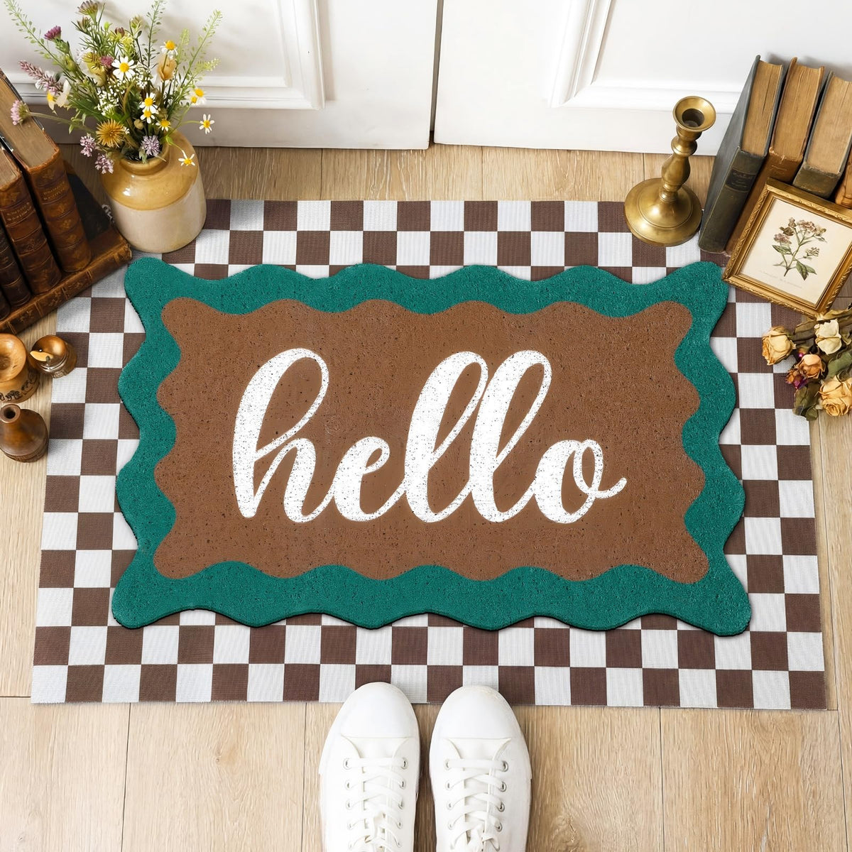 Tinideya 2 23.6 X 35.4 Inches Plaid Ghost Red Brown | Layered Coir Doormat Set, Non Slip Backing for Outdoor Entryway, Buffalo Plaid Seasonal Design, Front Porch Home Decor