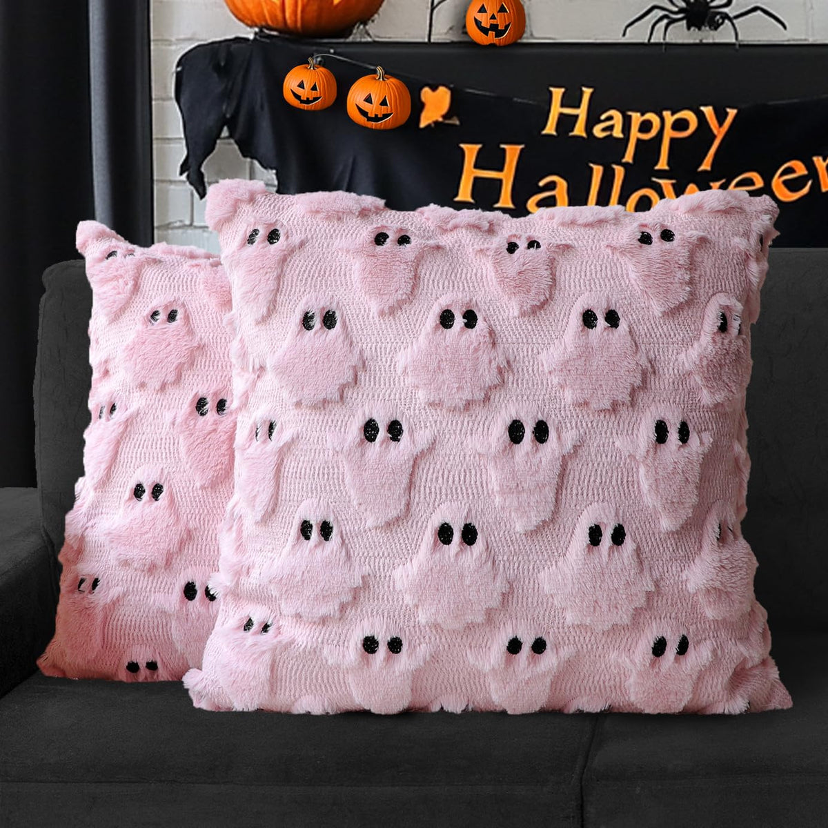 Halloween Ghost Decorative Pillow Covers 18x18 Set of 2, Beige Soft Plush Faux Fur Farmhouse Throw Cushion Cases for Fall Holiday Home Decorations