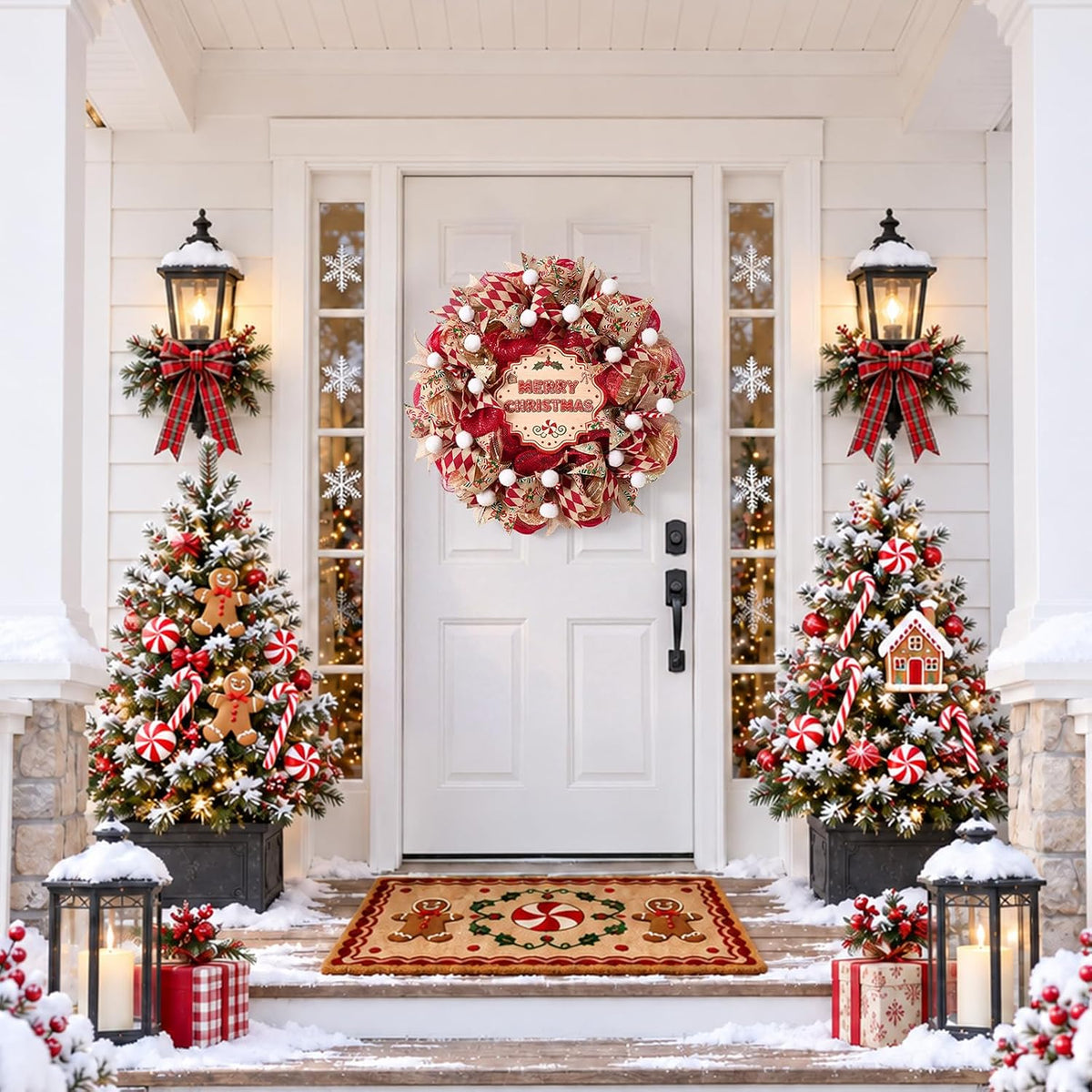 Christmas Wreath for Front Door, Mesh Wreath with Red Gold Ribbon