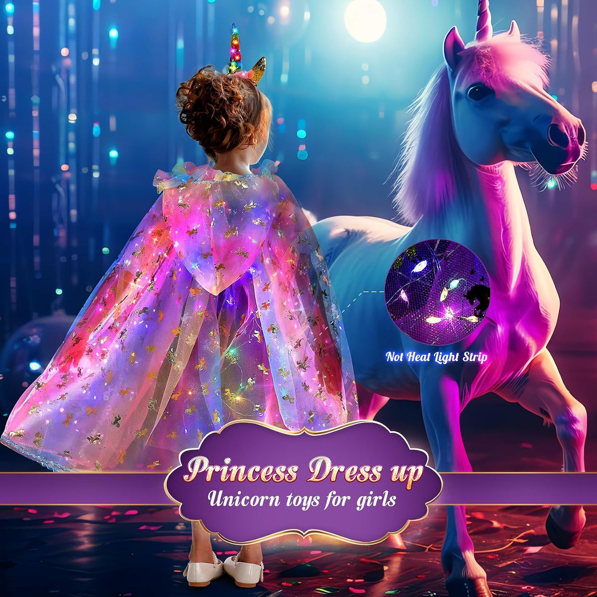 Fedio Princess Dress Up for Girls, Unicorn Light Up Princess Cape Set