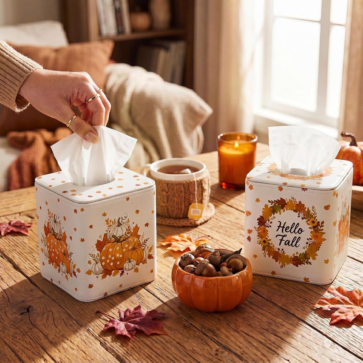 Thyle 2 Pcs Fall Tissue Box Cover Square, Pumpkin PU Leather Tissue Holder