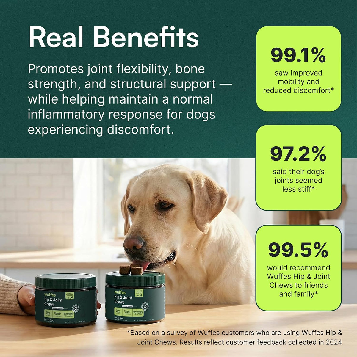 Wuffes Advanced Dog Hip and Joint Supplement with Glucosamine, Chondroitin, Omega 3, MSM, and Green Lipped Mussel, 60 Pork Flavored Chews for Small and Medium Dog Breeds