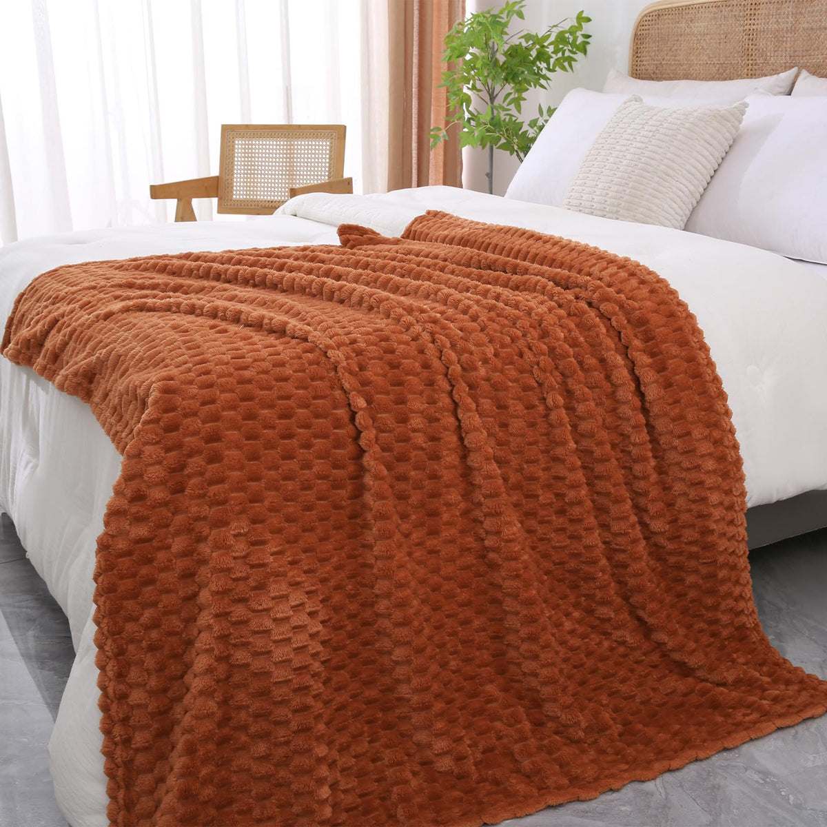 Puncuntex Burnt Orange Throw Blanket 50"×60" Fuzzy 3D Jacquard Decorative