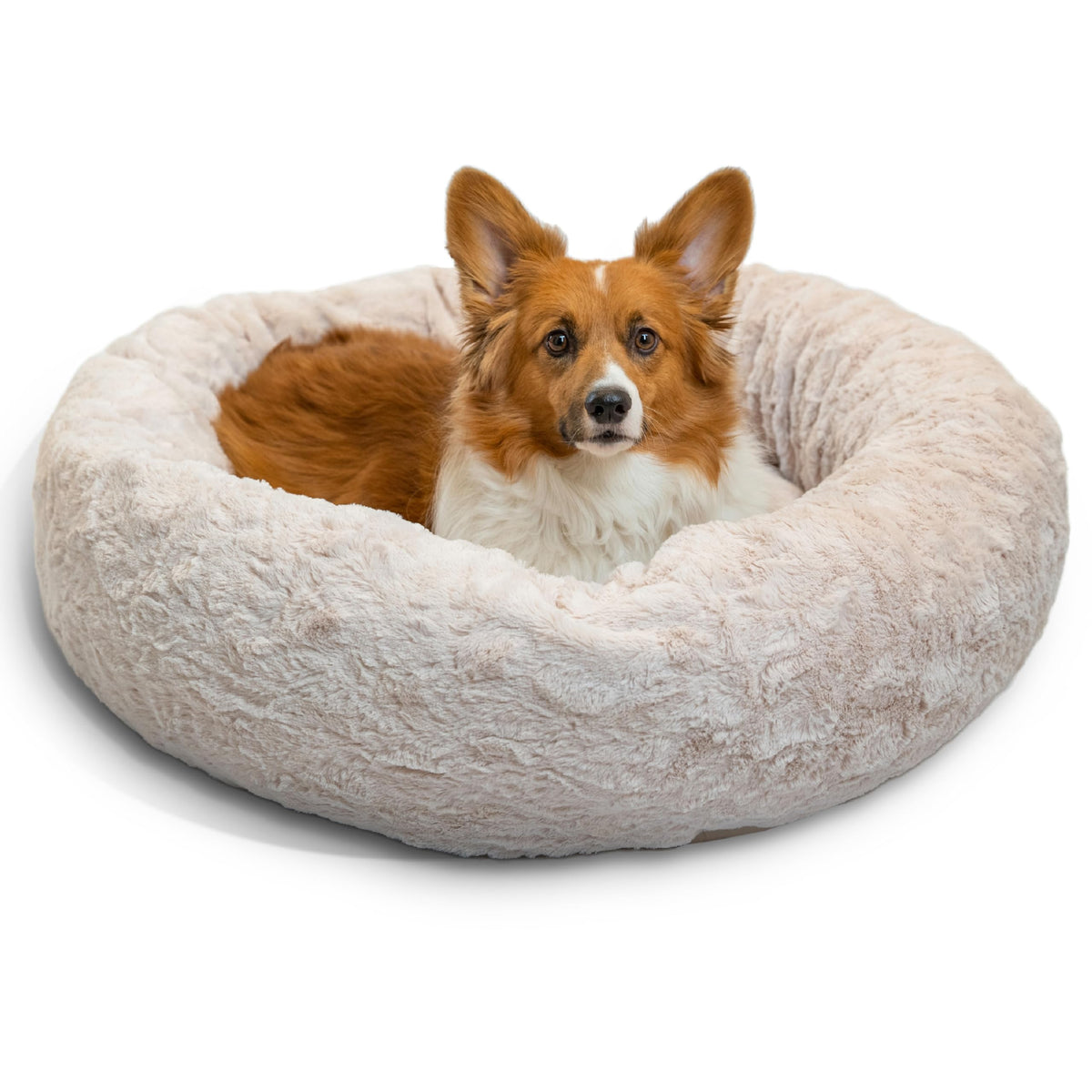 Best Friends by Sheri The Original Calming Donut Dog Bed for Large Dogs up to 100 lbs, Shag Faux Fur, Taupe, Large, 36" x 36"