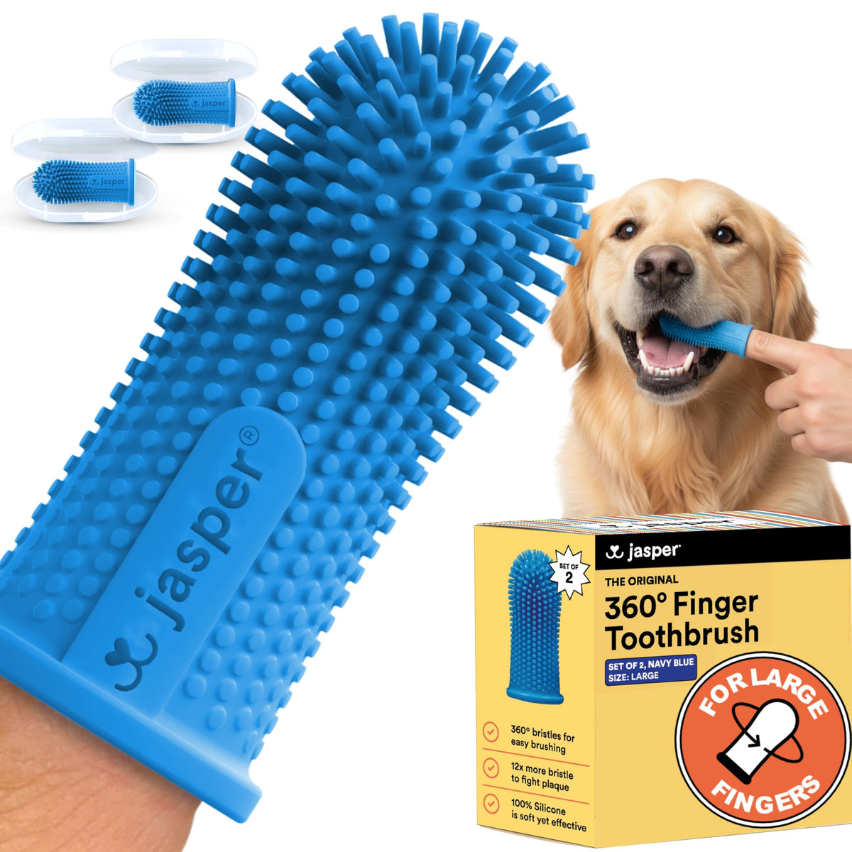 Jasper Dog Toothbrush, 360 Dog Tooth Brushing Kit, Finger Toothbrush, Cat Tooth Brush, Teeth Cleaning, Pet Tooth Brush for Small & Large Pets, Pet Toothpaste Not Included, 2-Pack Blue