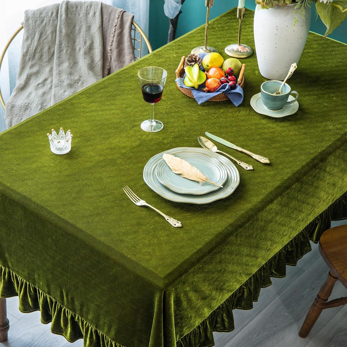 GLORY SEASON Velvet Tablecloth Luxurious Solid Rectangle Table Cloth,Oblong Retro Farmhouse Ruffle Tablecloths Washable Table Cover for Party Olive Green,52x70 Inches