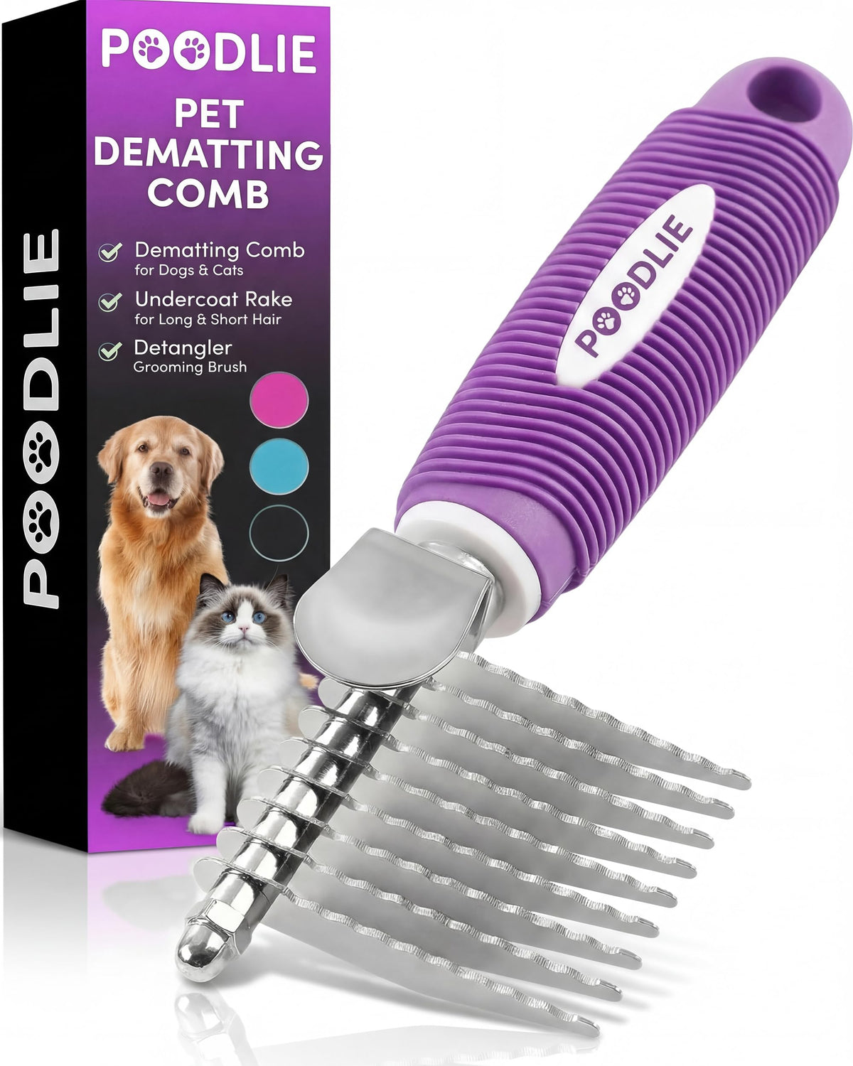 Poodle Pet Detangling Pet Comb with Long & Short Stainless Steel Teeth for Removing Matted Fur, Knots & Tangles – Detangler Tool Accessories for Safe & Gentle DIY Dog & Cat Grooming