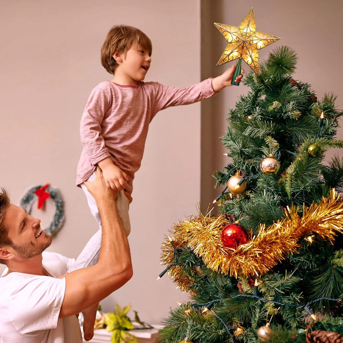 ODEETRONIC Christmas Star Tree Topper Lights, 9.5in UL Certified 3D Star Tree Topper, Double Sided Christmas Tree-top with 10 Count Incandescent Warm White Lights for Xmas Tree Home Decor, Gold