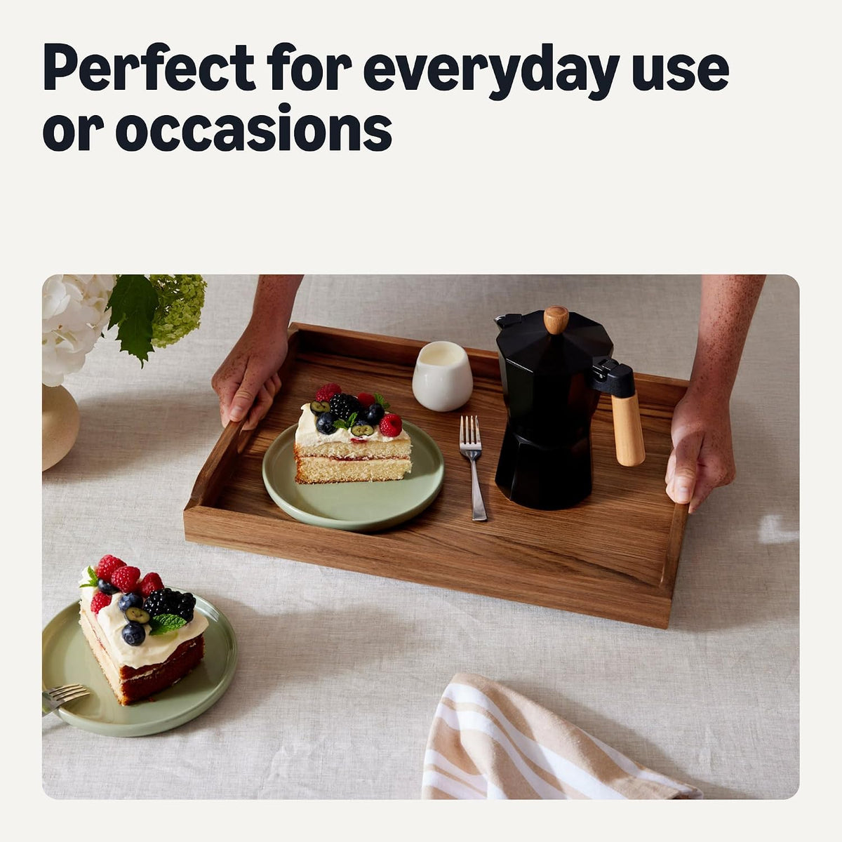 Amazon Basics Wooden Serving Tray, 17" x 12" Acacia Wood Decorative Tray Platter With Built-in Handles for Breakfast in Bed, Food & Drinks, Entertaining, Coffee Table & Ottoman