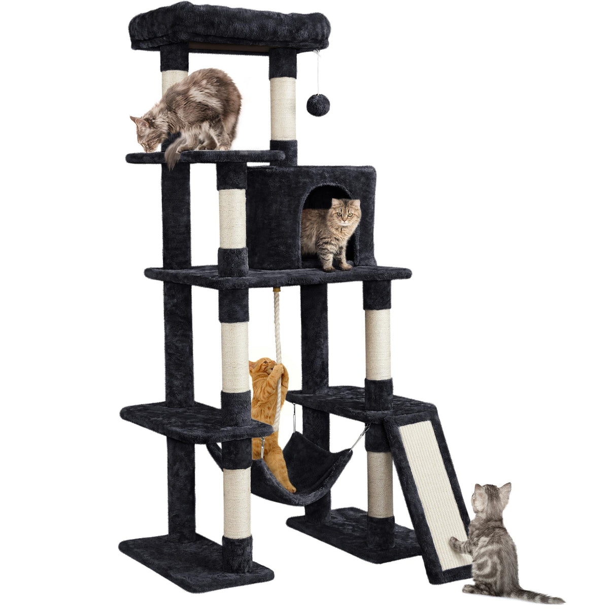 Yaheetech 63in Large Cat Tree for Heavy Cats up to 22lbs, Anti-Wobble Tower with Condo & Hammock, Space-Saving for Indoor Multi-Pet Households, Stops Furniture Scratching