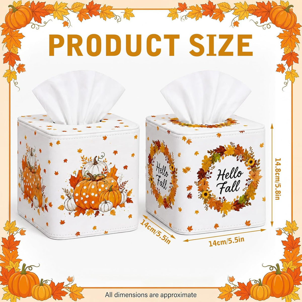 Thyle 2 Pcs Fall Tissue Box Cover Square, Pumpkin PU Leather Tissue Holder