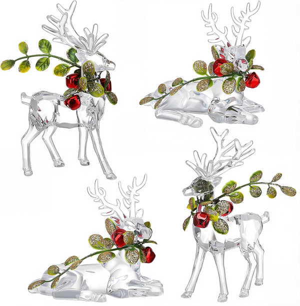4 Pcs Christmas Reindeer Figurine Ornaments with Branch Wreath Transparent