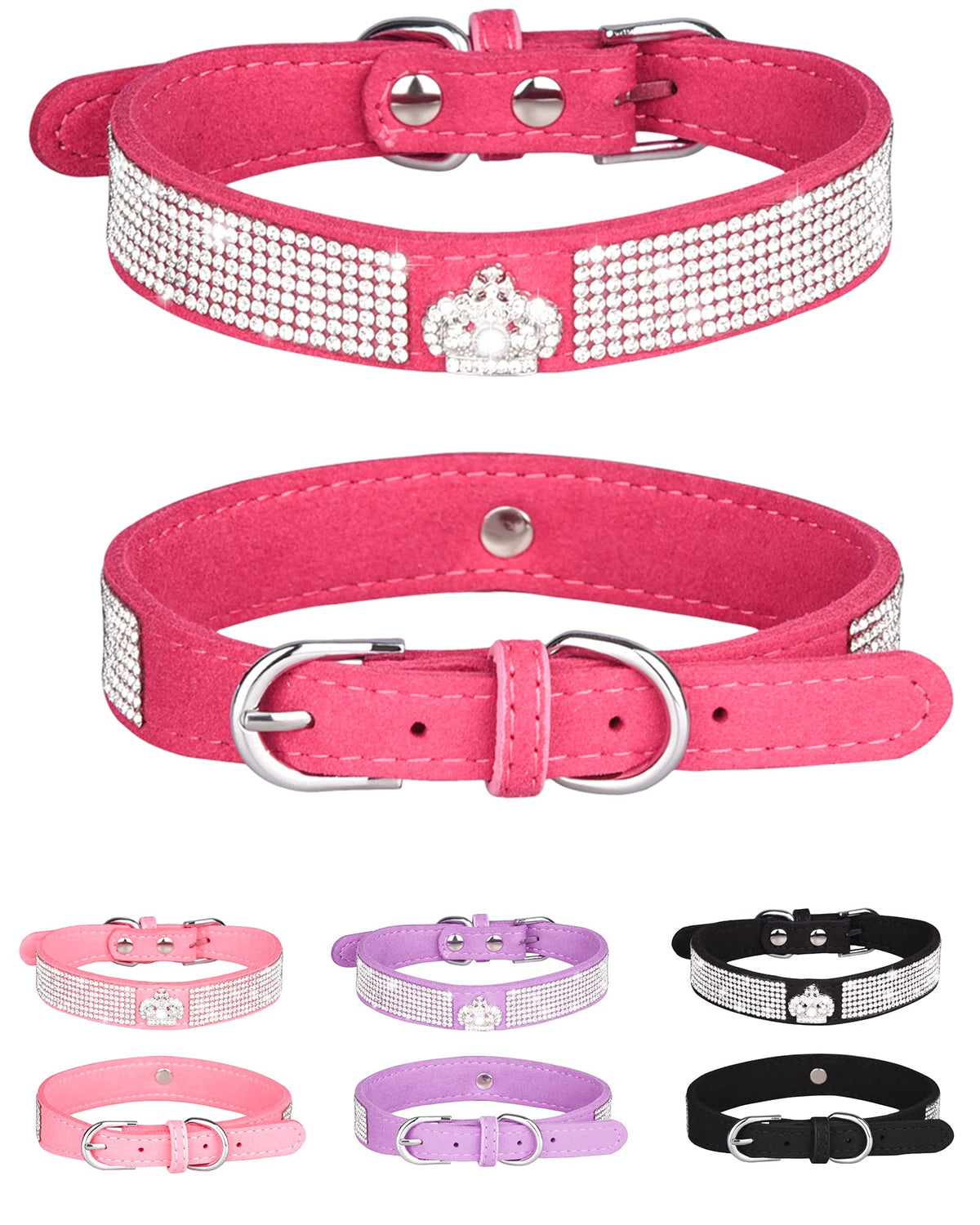 Bling Dog Collar for Small Medium Large Dogs, Crown Rhinestone Dog Collars for Girl and boy Dog, Diamond Puppy Collars, Adjustable Leather Suede SOFE Cat Collar (S(10.6"-13"/27CM-33CM), Pink)