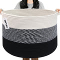 Large Woven Blanket Basket,65L Cotton Rope Laundry Basket Hamper with Handles, Decorative Nursery Basket Storage Bin for Toys, Clothes Organizer, Living Room, Bedroom, Bathroom, White & Brown