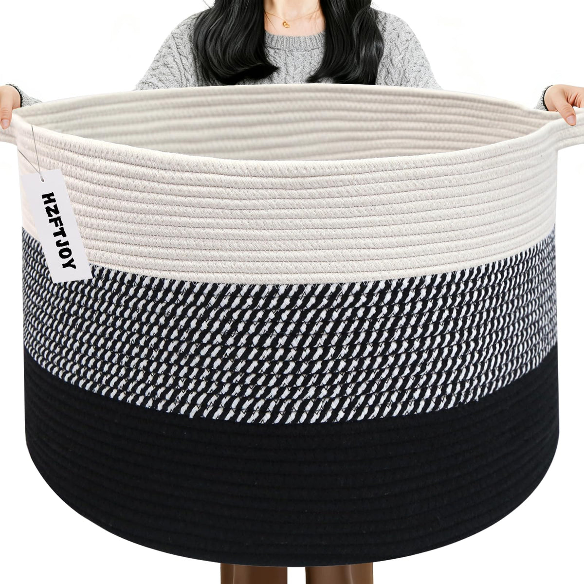 Large Woven Blanket Basket,65L Cotton Rope Laundry Basket Hamper with Handles, Decorative Nursery Basket Storage Bin for Toys, Clothes Organizer, Living Room, Bedroom, Bathroom, White & Brown