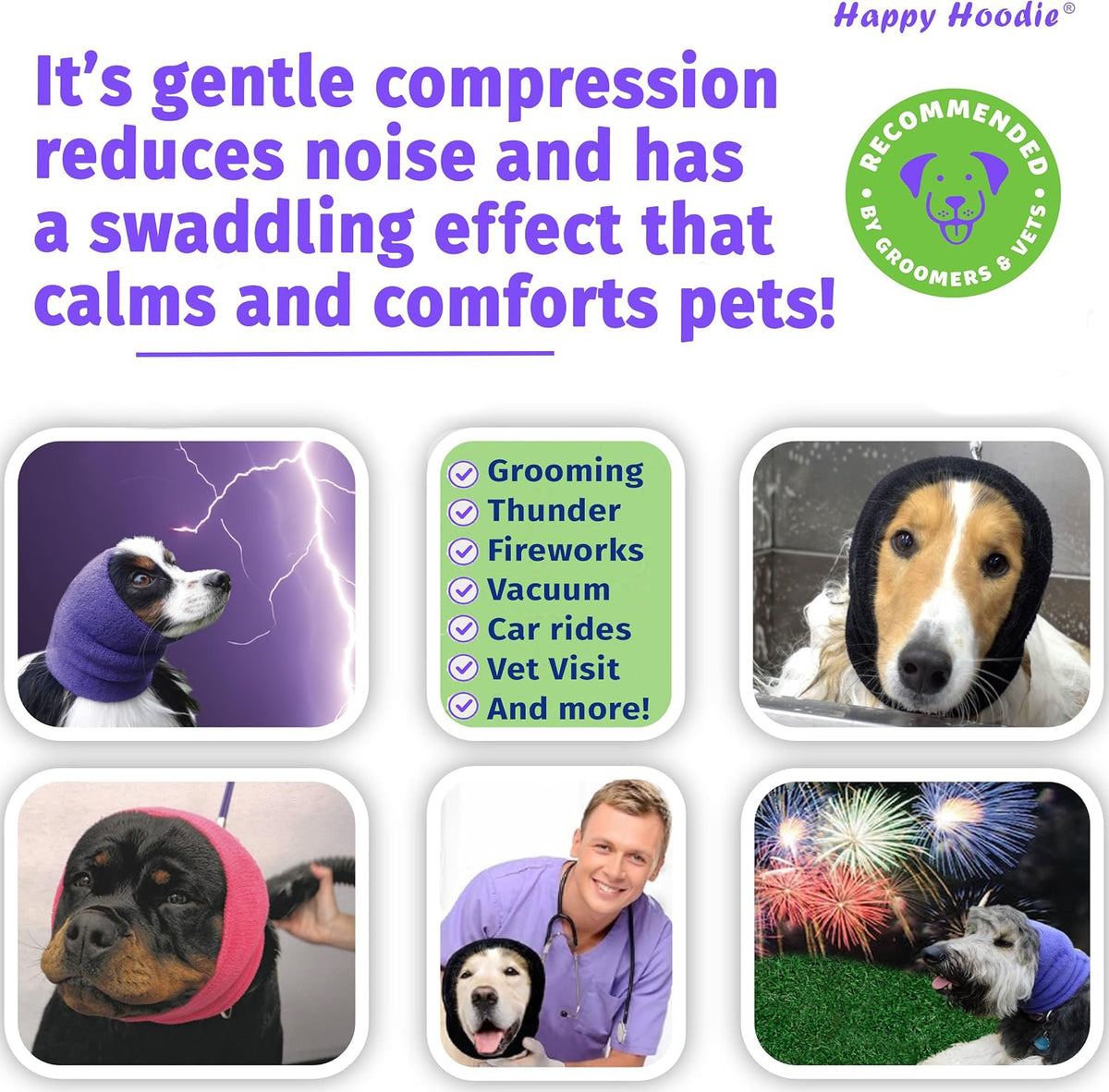 Happy Hoodie The Original Dog & Cat Calming Band - American Brand - Anxiety Relief/Noise Protection-Grooming-Thunder-Fireworks (XS, Purple) - Since 2008