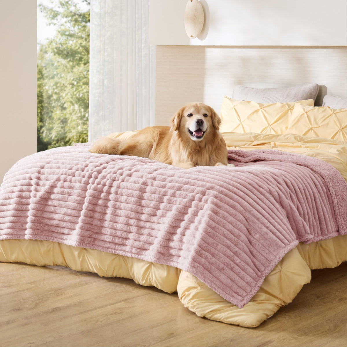 Bedsure ComfyFleece™ Waterproof Dog Blankets for Large Dogs,50x60 Cream | Soft Plush Couch Cover,Washable Corduroy Fleece for Furniture Protector,Cozy Calming Reversible Pet Blanket for Senior Dogs