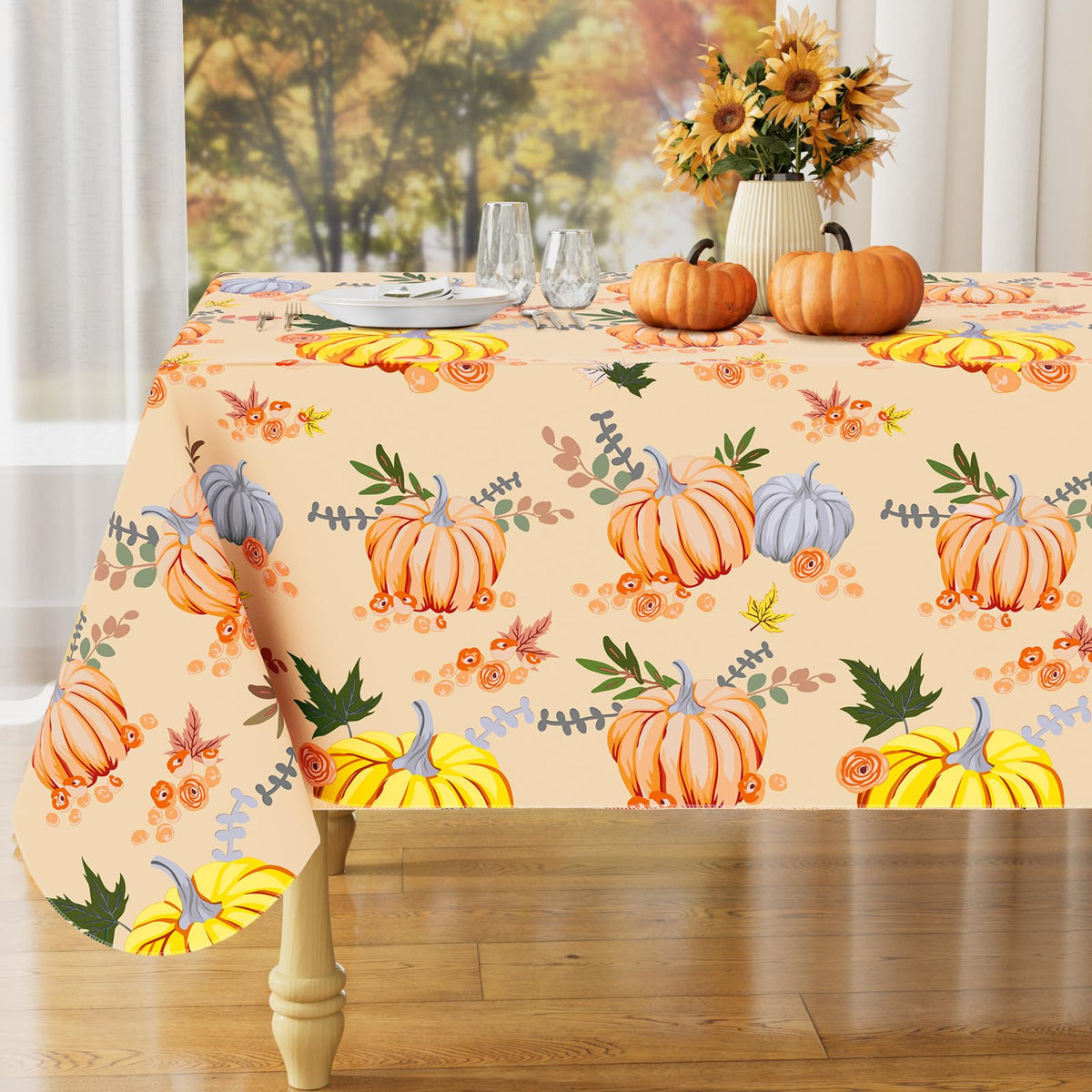 Rectangle Waterproof Vinyl Table Cloth, Wipeable Tablecloth with Flannel Backing, Plastic Table Cover for Fall, Thanksgiving (Pumpkin, 52" x 70")