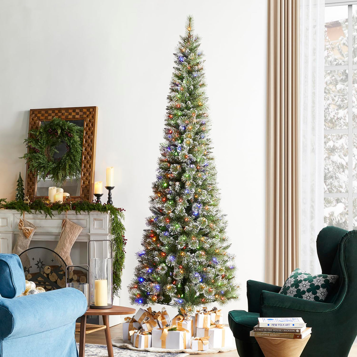 Glitzhome 15ft Prelit Artificial Christmas Tree, Vibrant Evergreen Fir with 5,000 Warm White/Multi-Color Chasing and Twinkling Lights, 13,459 PE&PVC Branch Tips, 9 Function w/Foot Pedal, Simple Setup