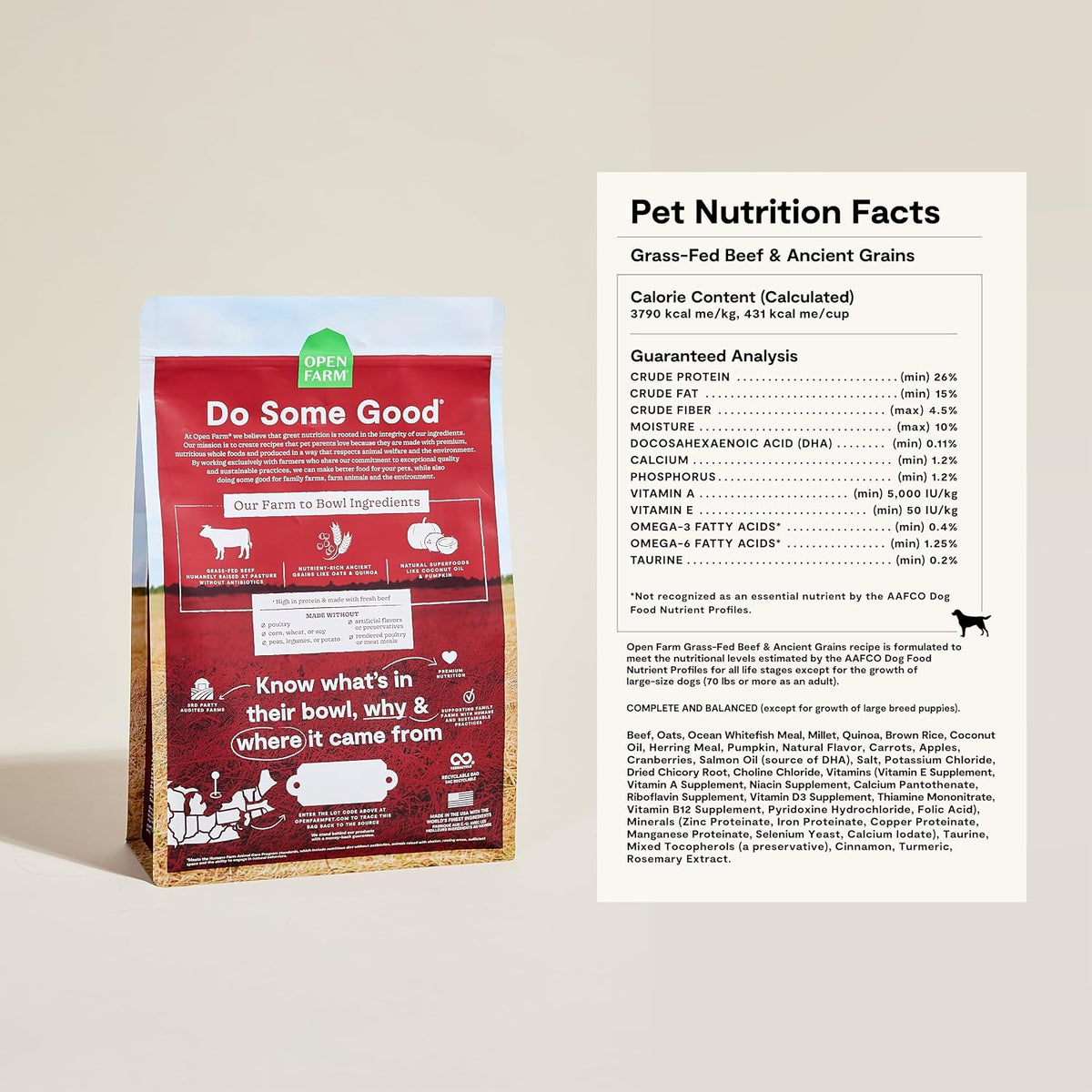 Open Farm, Ancient Grains Dry Dog Food, Protein-Rich & Nutrient Dense, 90% Animal Protein Mixed with Non-GMO Fruits, Veggies and Superfoods, Grass-Fed Beef Recipe, 4lb Bag