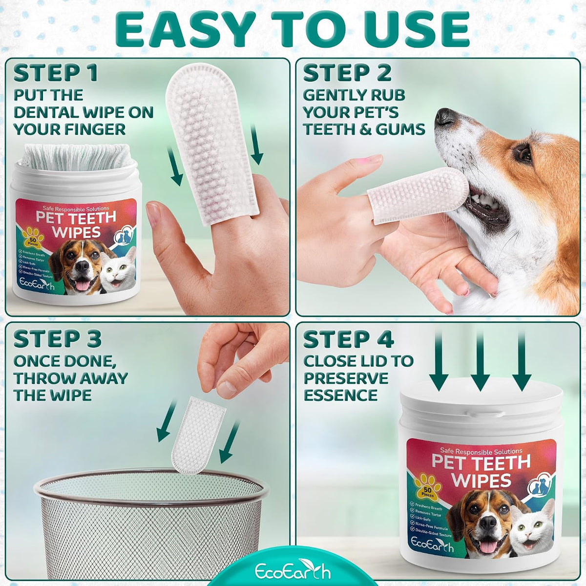 Premium Teeth Cleaning Wipes for Dogs & Cats - 50 Pcs - Pet Dental Care Finger Pads for Fresh Breath & Oral Hygiene - Embossed Pattern & Nano Plastic-Dotting to Remove Plaque & Tartar