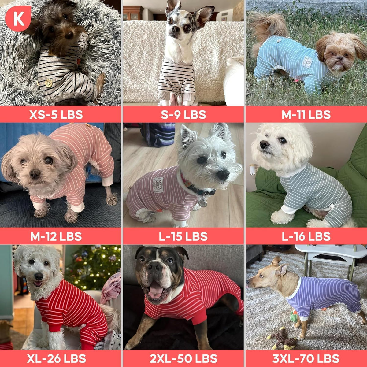 KYEESE Striped Dog Pajamas for Medium Large Dog Stretchy Onesie Daily Wear
