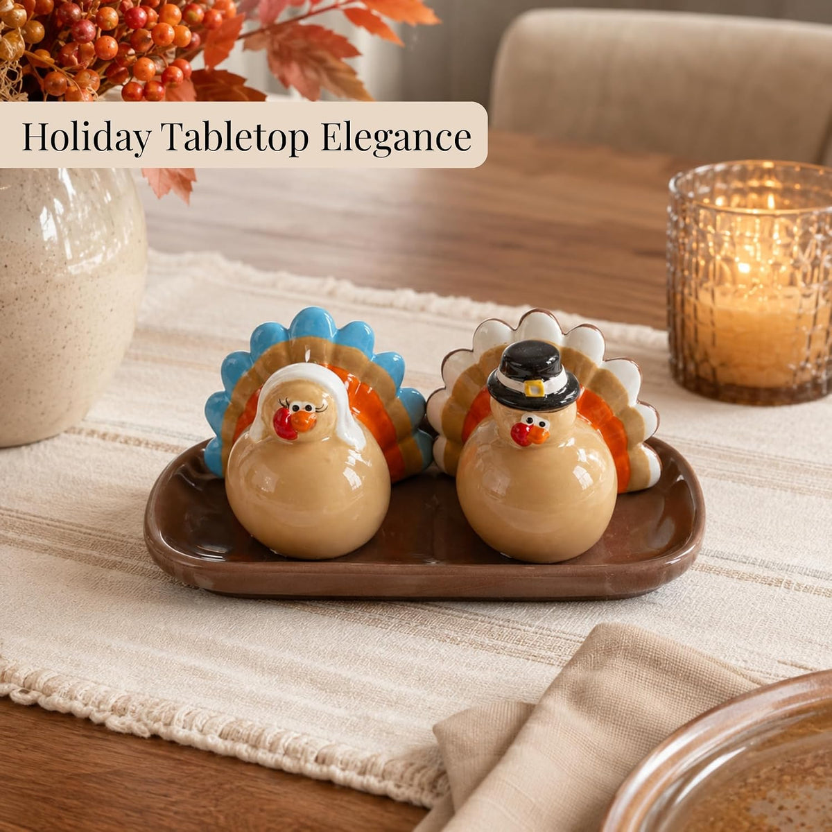 The Bridge Collection Pair of Pilgrim Turkeys Fall Salt & Pepper Shaker Set