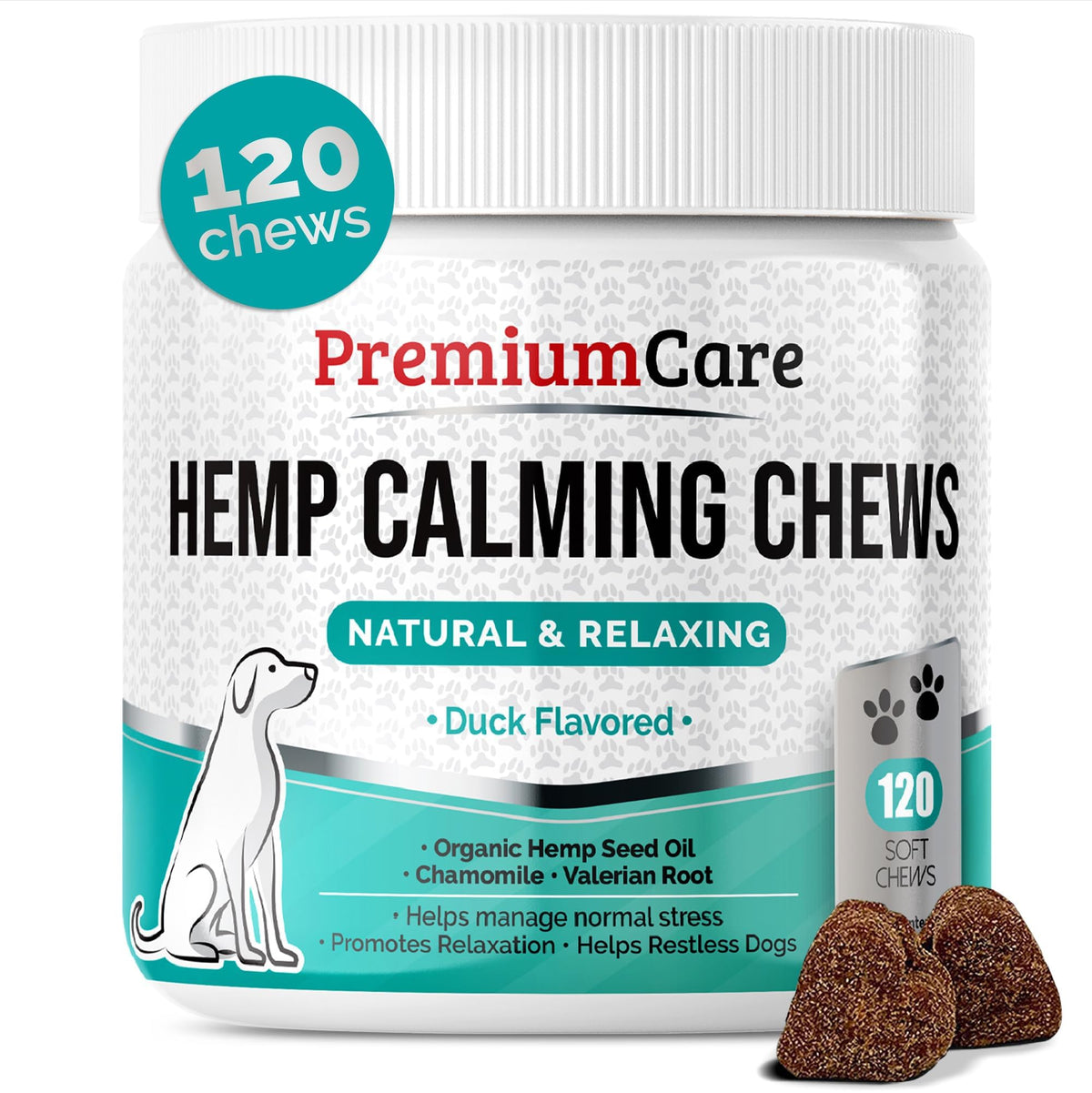 PREMIUM CARE Calming Chews for Dogs, Made in USA - Helps with Dog Anxiety, Separation, Barking, Stress Relief, Thunderstorms and More, 9.3 oz (264g), 120 Count