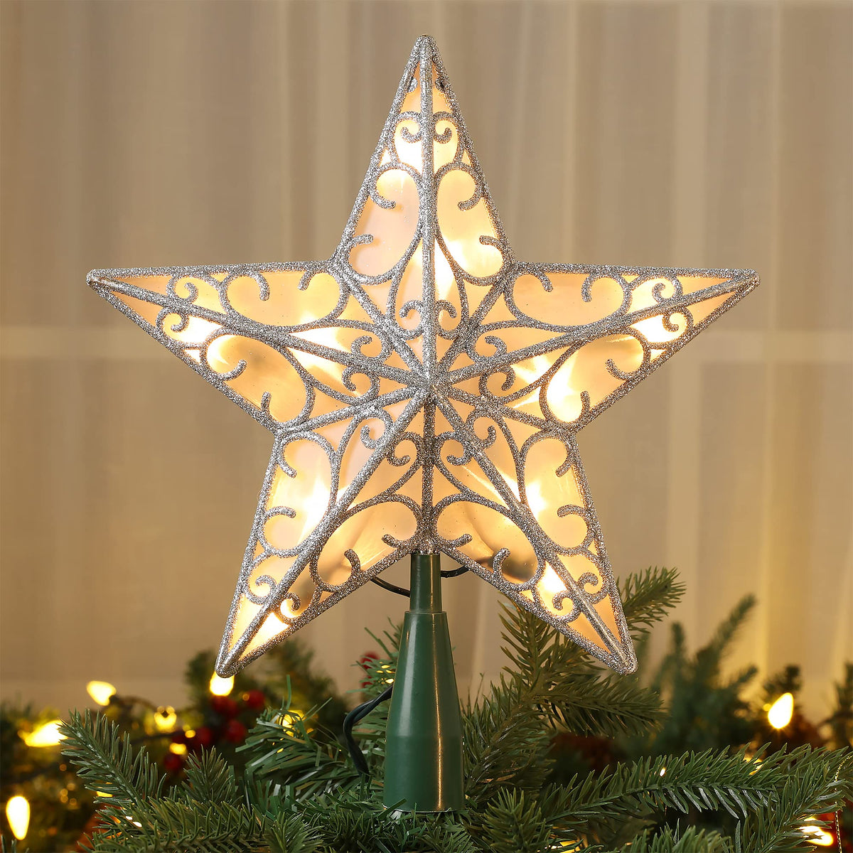 ODEETRONIC Christmas Star Tree Topper Lights, 9.5in UL Certified 3D Star Tree Topper, Double Sided Christmas Tree-top with 10 Count Incandescent Warm White Lights for Xmas Tree Home Decor, Gold