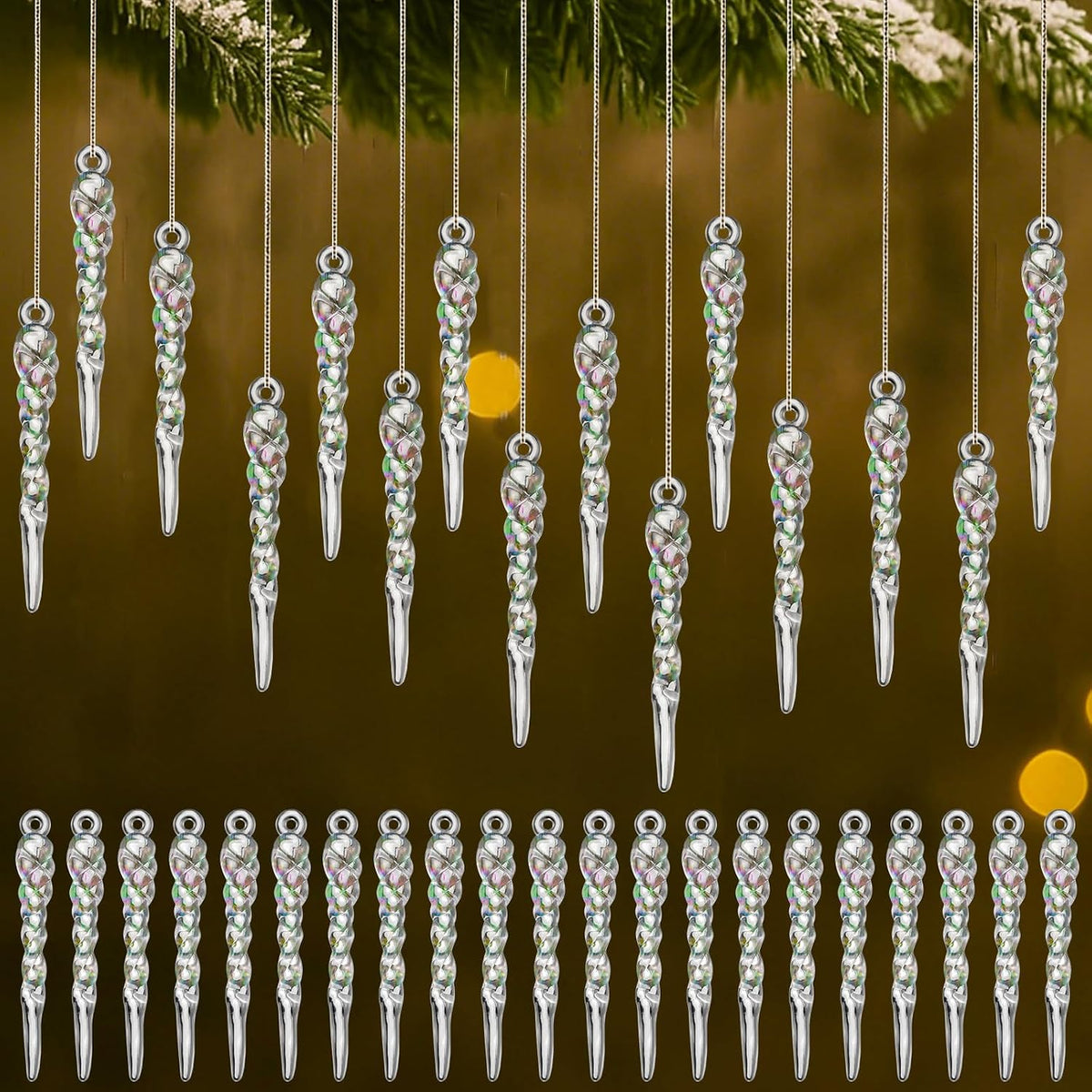 Cinnvoice 36 Pcs Iridescent Christmas Icicle Ornaments for Christmas Decor