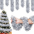 50FT Snowy Green Christmas Tinsel Garland, Metallic Twist Shiny Hanging Garland Ornaments for Xmas Tree Party Supplies Thick Thin Metallic Streamers for Indoor Outdoor Decor