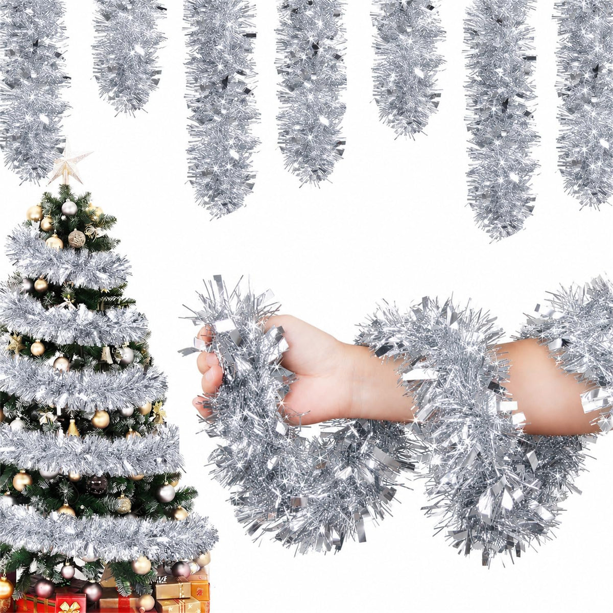 50FT Snowy Green Christmas Tinsel Garland, Metallic Twist Shiny Hanging Garland Ornaments for Xmas Tree Party Supplies Thick Thin Metallic Streamers for Indoor Outdoor Decor