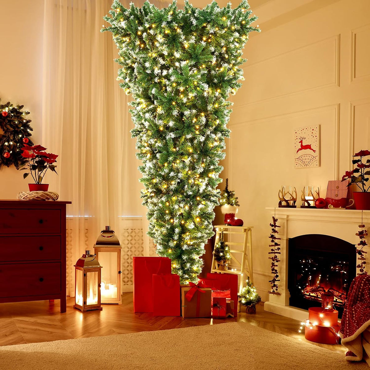 DORTALA Pre-Lit Upside Down Christmas Tree, 7.5 FT Snow Artificial Inverted Xmas Tree with 1100 Branch Tips, 400 Warm LED Lights, 8 Lighting Modes, Foldable Metal Stand, Green
