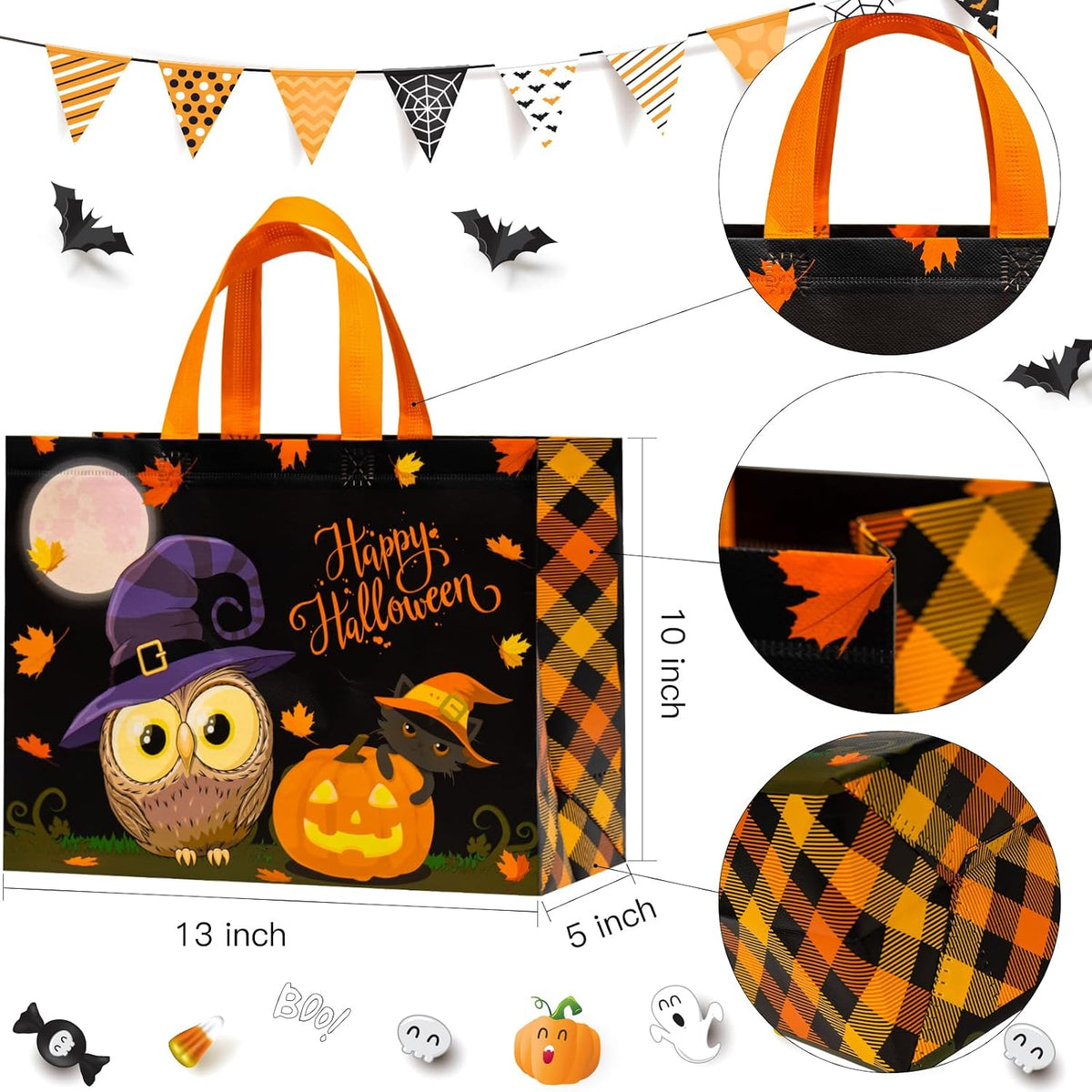 Loveinside Halloween Medium Recycled Gifts Bags with Handles, Reusable Halloween Party Gift Bag, Shopping Bag - 13" x 5" x 10", 1 Pcs, Owl Design