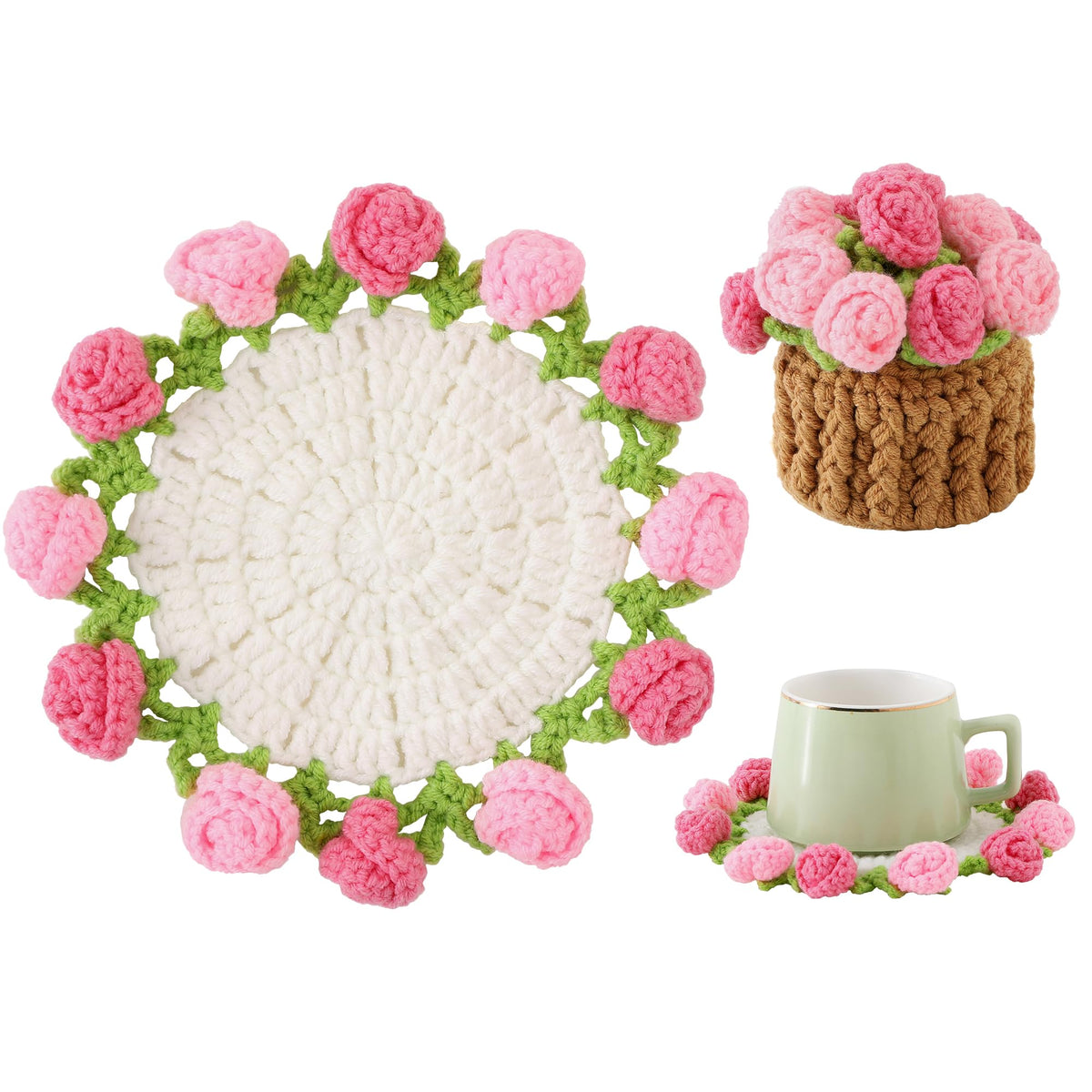 Crochet Flower Coasters, Handmade Bouquet Coasters with Crochet Plant Pot (Sunflower Yellow, 1Pc)