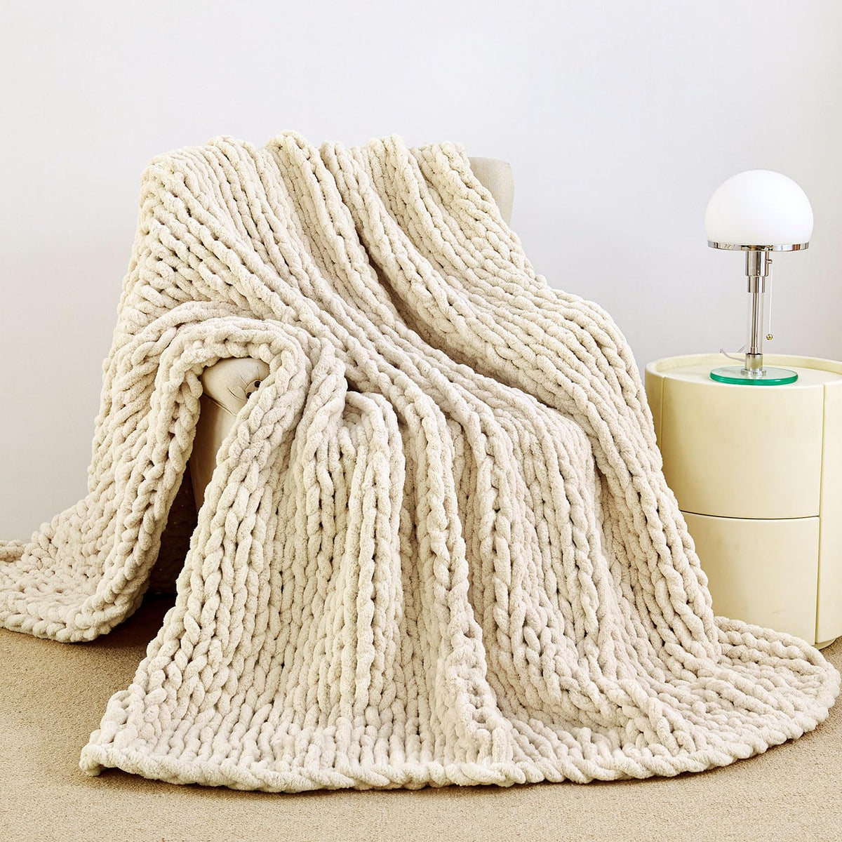 Chunky Knit Blanket Throw for Couch, 51"x63" Chunky Yarn Knitted Blankets | 100% Hand Knit Thick Chenille, Soft Breathable for Bed, Sofa, Home Decor, Cozy Gifts for Women Friends, Sage Green
