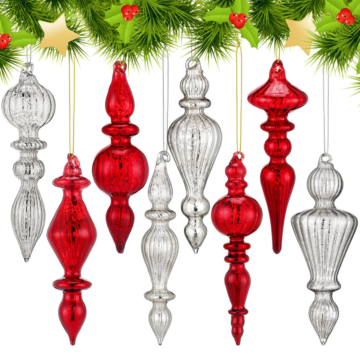 Mifoci 8 Pcs 6 Inch Mercury Glass Finial Christmas Ornaments,Red
