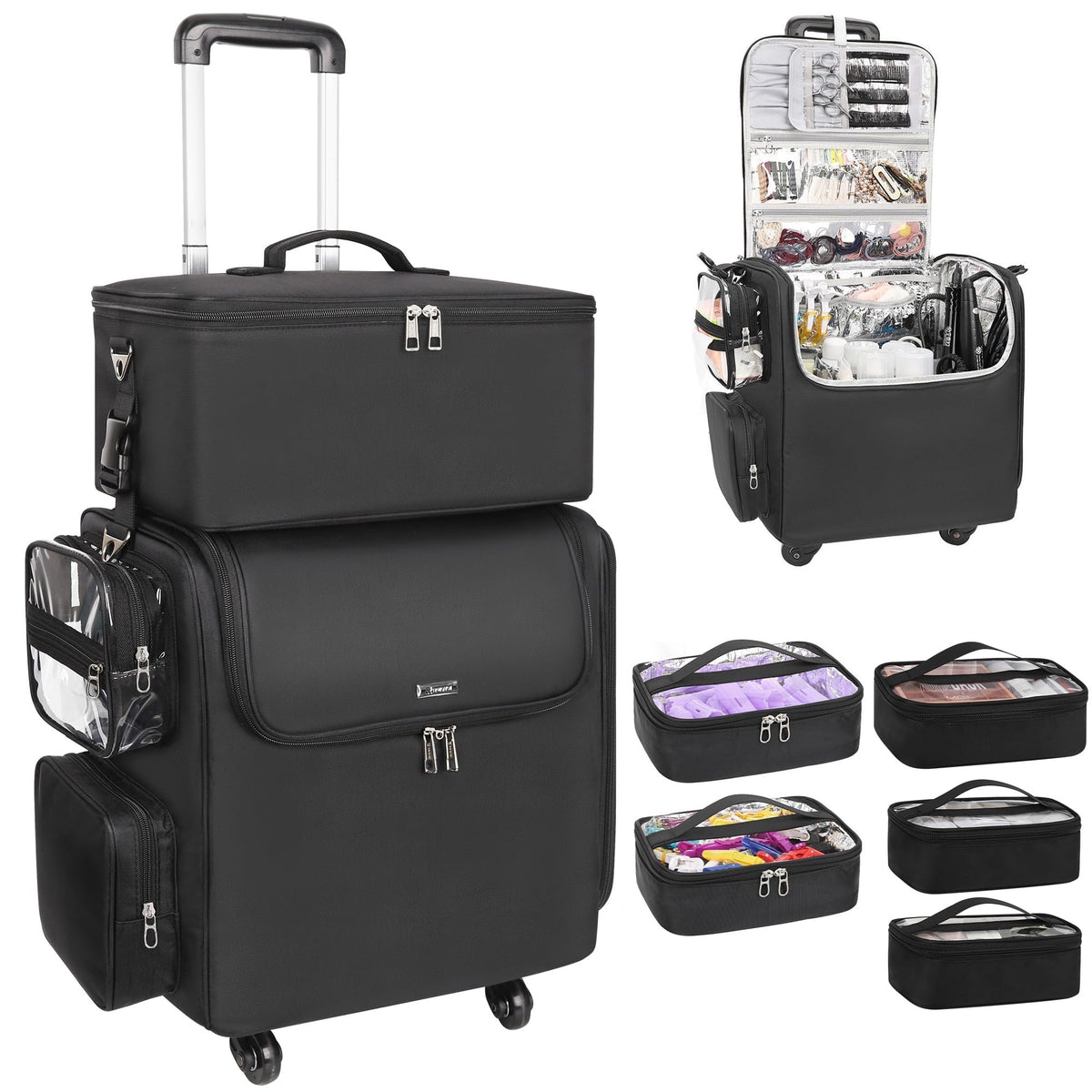 Relavel Rolling Makeup Train Case, Hairstylist Traveling Bag with 4 Wheels, Heat Insulation Full Layer, Adjustable Dividers, Hair Tools and Cosmetics Storage Organizer Trolley Suitcase Makeup Cart