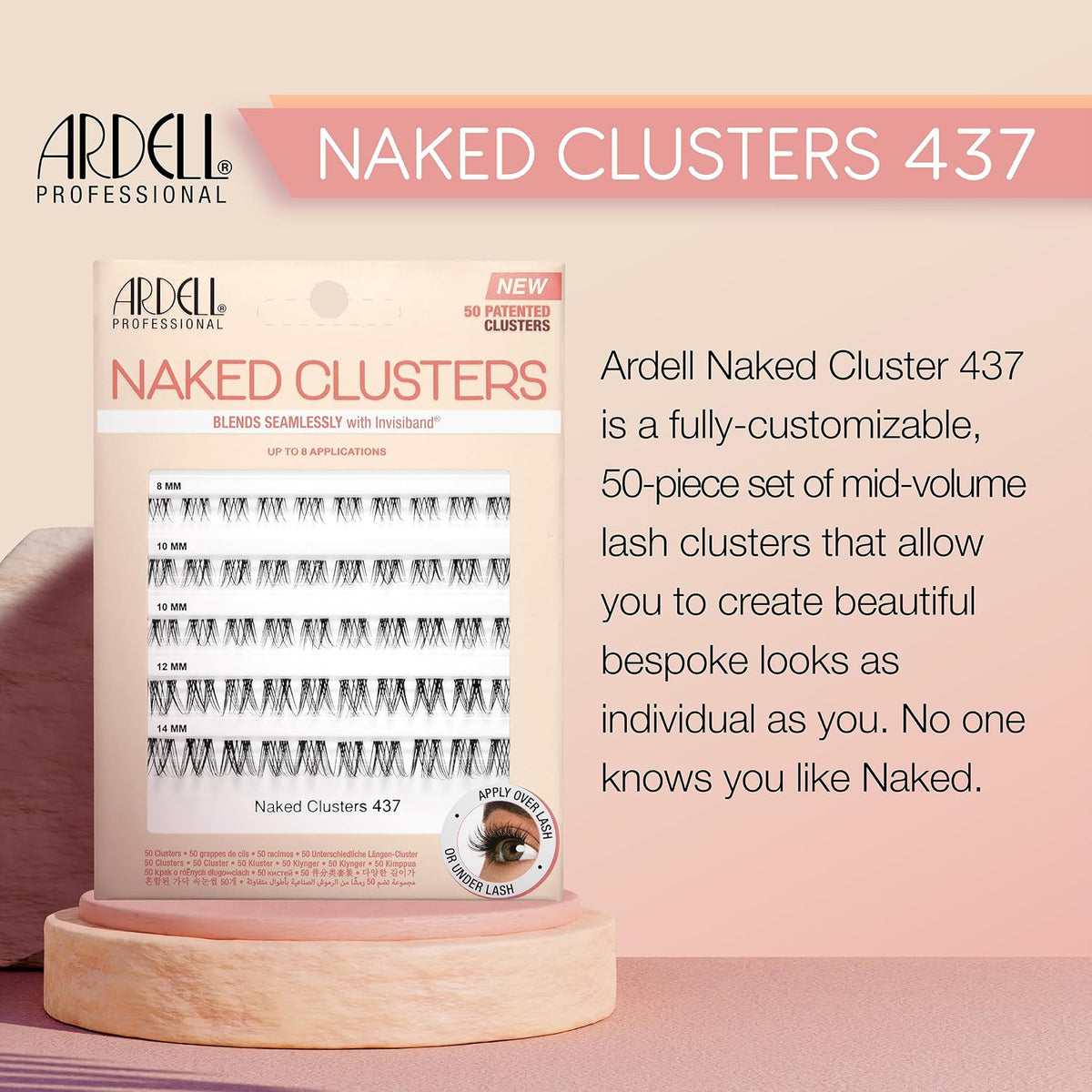 Ardell Naked Clusters 437 – Lightweight Human Hair Natural Cluster Lashes with Invisiband, Mixed Length 8–14 mm, DIY Lash Extensions, 50 Lash Clusters