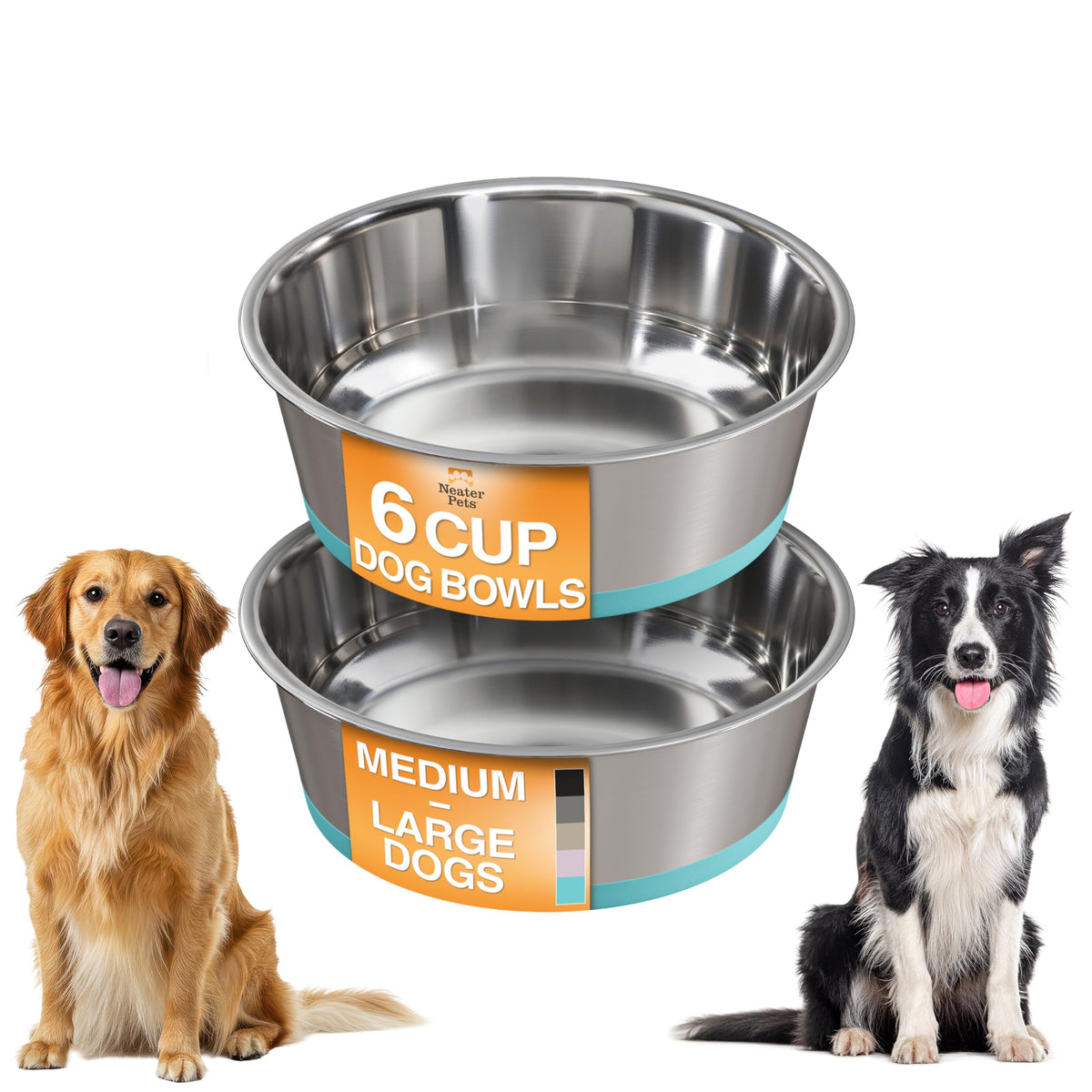 Neater Pet Brands Stainless Steel Dog Bowls with Non-Slip Rubber Bottom – Set of 2, 6 Cup (48 oz), Black - Heavy Duty Metal Dog Bowl, Dishwasher Safe, Food or Water Bowl, Ideal for Large Dogs