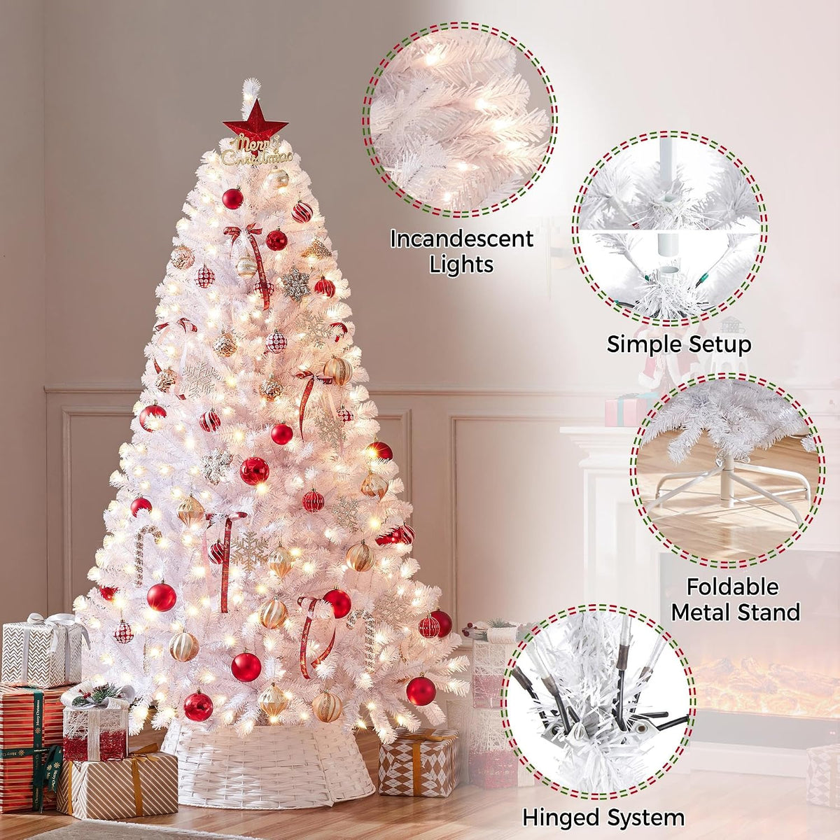 Yaheetech 6ft Pre-lit Christmas Tree with 300 Warm White Lights, White