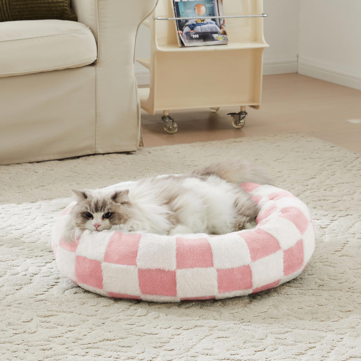 Ohocut Checkered Dog Bed, Cute Black White Retro Style Aesthetic Round Warming Pet Calming Beds for Small Dog and Cats, Plush Cozy Donut Dog Beds Washable, 30" L x 30" W x 8" Th