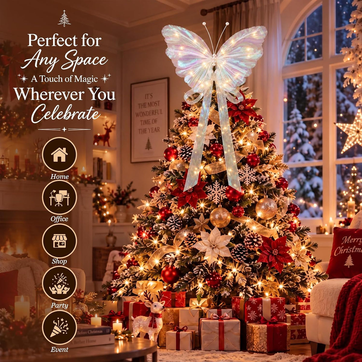 Blueweenly White Butterfly Christmas Tree Topper with Lights, 3D 20" Large