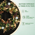 Hykolity 28 Inch Pre-Lit Botanical Christmas Wreath with 50 Warm White LEDs and Timer, Battery Operated Artificial PE & PVC Wreath with Ornaments, Pinecones and Layered Gold Leaves for Front Door