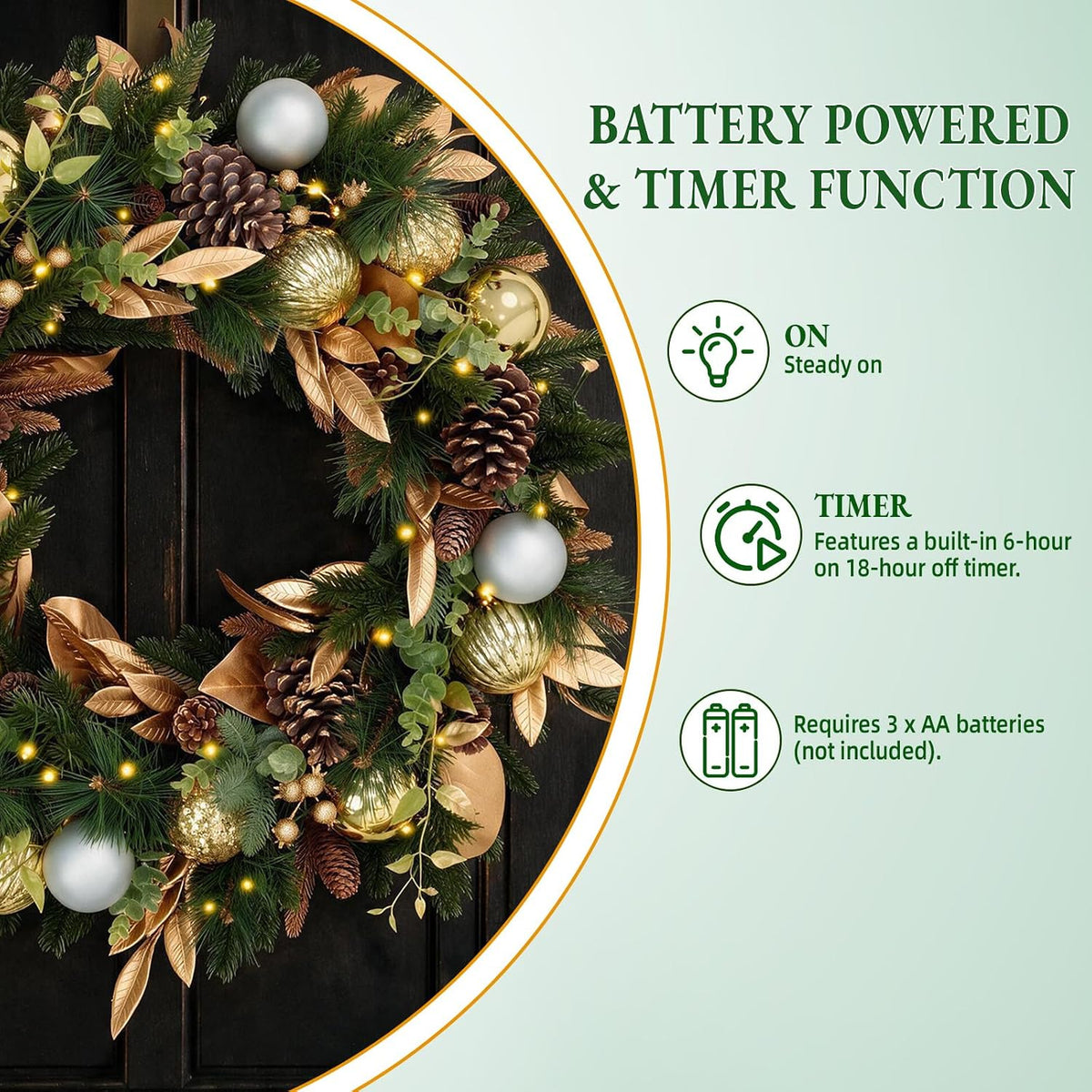 Hykolity 28 Inch Pre-Lit Botanical Christmas Wreath with 50 Warm White LEDs and Timer, Battery Operated Artificial PE & PVC Wreath with Ornaments, Pinecones and Layered Gold Leaves for Front Door