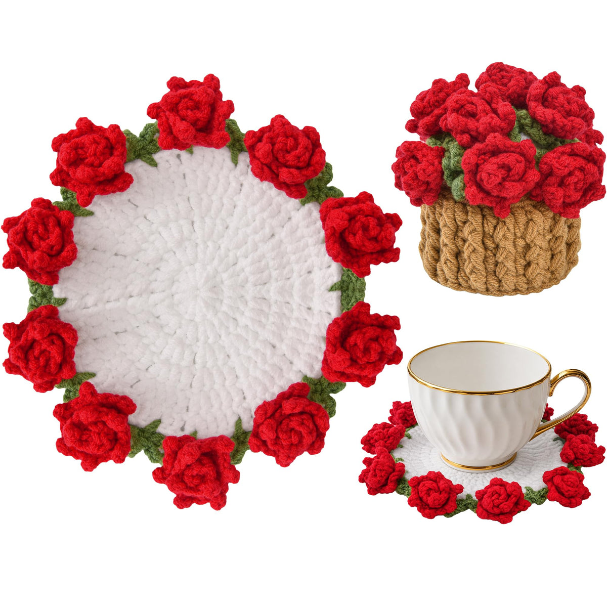 Crochet Flower Coasters, Handmade Bouquet Coasters with Crochet Plant Pot (Sunflower Yellow, 1Pc)